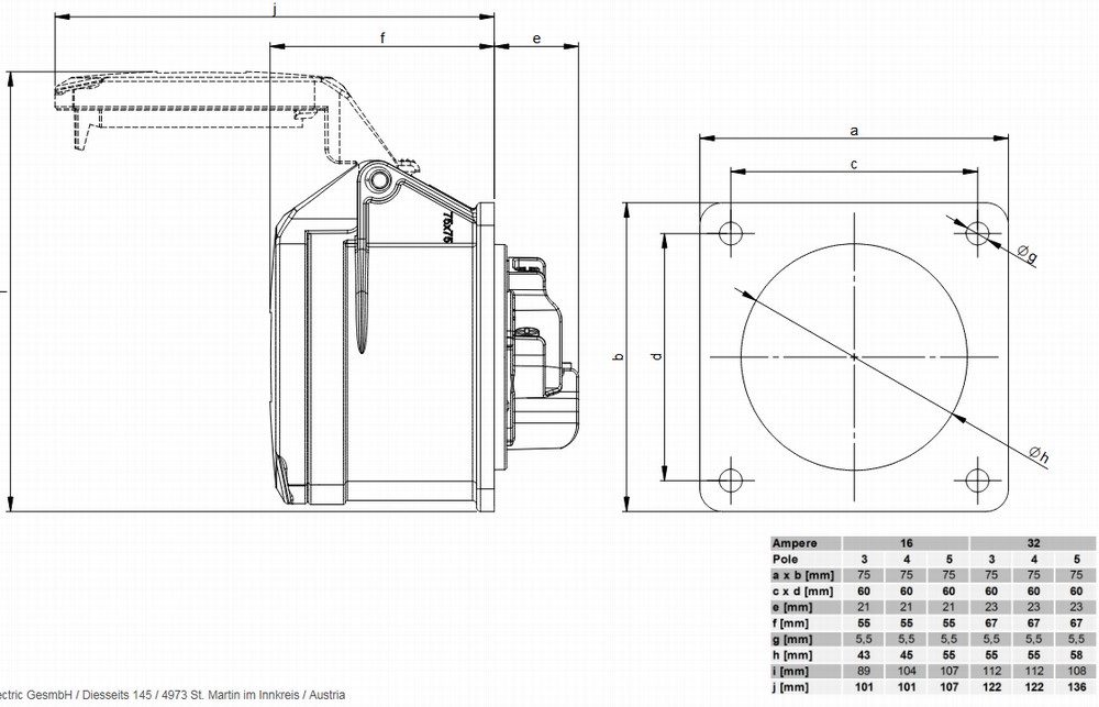 CEE-flanged socket straight (75x75mm) 32A 3p 6h IP44 - Imagen 2