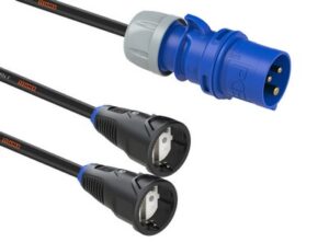 Adaptador Macho CEE 32A 3P AZ  a 2x hembra SCHUKO. Titanex 3G2,5. 0,5m