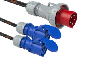 Adaptador Macho CEE 63A 5P (L1 y L2) a 2 x Hembra CEE 32A 3P. 1m